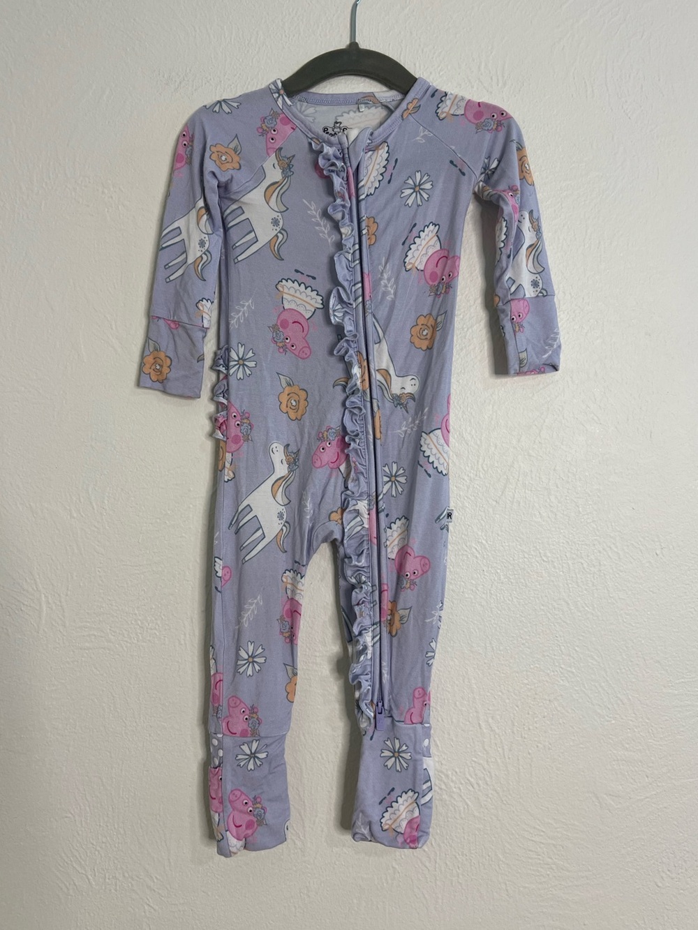 Bums & Roses Lavender Peppa Pug Ruffle Zipper One-Piece Pajamas 9-12 months